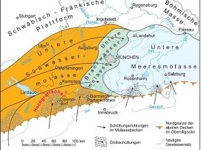 Karte des Molassebeckens zur Zeit des Oberoligozäns