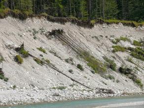 Ein erodierter Hang (Boden und Pflanzen rutschen ab) an der Isar