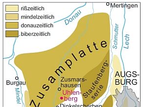 Grafik mit Darstellung der Erstreckung der verschiedenen pleistozänen Schotterkörper, westlich von Augsburg