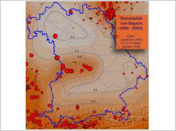Übersichtskarte von Bayern mit Eintragung der Standorte von in der Vergangenheit erfassten Erdbeben