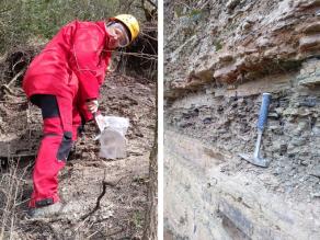 Steinbruchwand mit verschiedenfarbigen Gesteinsschichten und Hammer als Maßstab