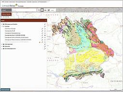 Bayernkarte mit dem eingeblendeten Thema Geologie, im UmweltAtlas Bayern