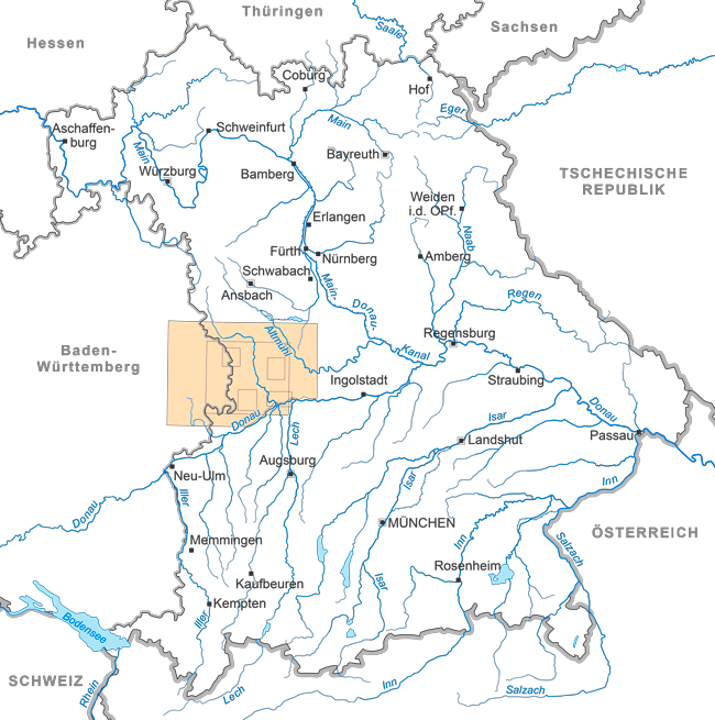 Bayernkarte mit Blattschnitten zu geologischen Sonderkarten und Schriften über das Nördlinger Ries