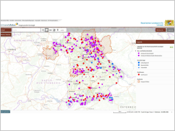 Bildschirmausschnitt aus dem UmweltAtlas Bayern, eingeblendet sind Geo- und Bodenlehrpfade, GeoUntertage, sowie GeoMuseen.