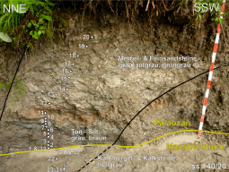 Aufschluss mit den verschiedenfarbigen Schichten. Dazu sind Kurzbeschreibungen der Gesteinsschichten, die Grenze zwischen Kreide (Maastrichtium) und Tertiär (Paläozän), 2 Störungen und die Probenpunkte auf dem Bild eingezeichnet.