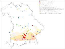 Bayernkarte auf der die Gebiete hydrothermaler Energie (Südbayern) markiert sind