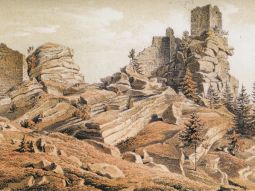 Zeichnung des schalenartigen Schlossberges mit Ruine