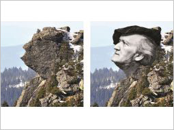 Links der Felsen, rechts der Kopf von Richard-Wagner als Fotomontage