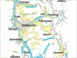 Kartenausschnitt um Nürnberg mit den Flugsandgebieten