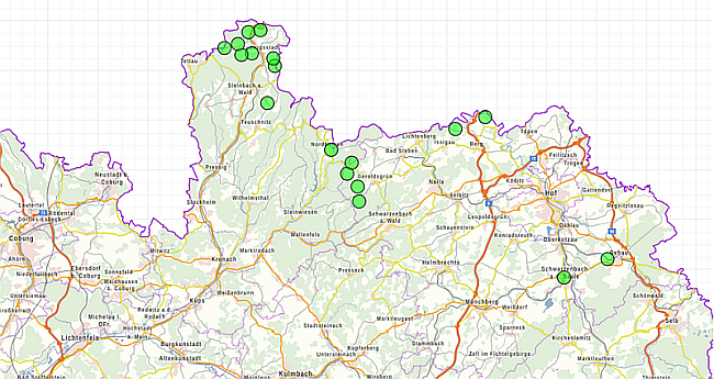 Kartenausschnitt aus dem UmweltAtlas Bayern mit den Schieferabbaugebieten in Oberfranken.