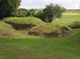 Landschaft mit wiesenbedeckten Hügeln, an denen unten teilweise der Gips zu sehen ist. Bäume stehen hinter den Hügeln.