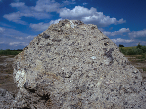 Ein etwa 1 Meter großer, hellgrauer Gesteinsblock mit dunklen Gesteinsfragmenten vor weiß-blauem Himmel.