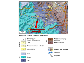 Eingezeichnete Grube Mistelgau in die geologische Karte, in der die geologischen Einheiten des Malms, des Doggers und des Lias erkennbar sind.