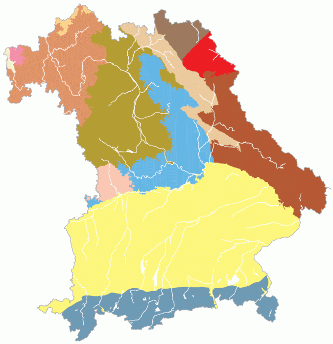 Karte mit der Darstellung der hydrogeologischen Räume in Bayern.