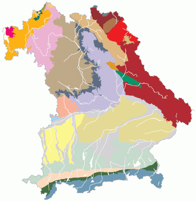 Karte mit der Darstellung der hydrogeologischen Teilräume in Bayern.
