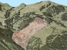 Berglandschaft mit markiertem Bereich, in dem Gelände abrutschen kann.
