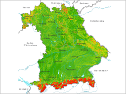 Bayernkarte mit Markierung verschiedener Hangneigungen des Geländes.