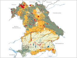 Bayernkarte mit farblicher Markierung wo Erdwärmesonden voraussichtlich genutzt werden können.