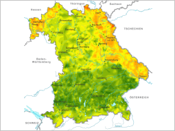 Bayernkarte mit farblicher Markierung der Verteilung der Wärmeleitfähigkeit.