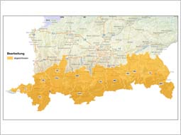 Kartenausschnitt mit den bereits bearbeiteten befindlichen Landkreisen (LI, OA, OAL, WM, GAP, TÖL, MB, RO, TS, BGL)