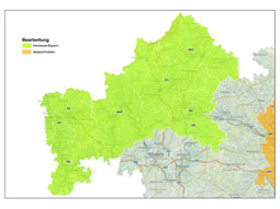 Kartenausschnitt mit den bereits bearbeiteten und den in Arbeit befindlichen Landkreisen (AB, MIL, MSP, KG, NES, SW).