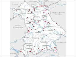 Bayernkarte mit Markierung alter Steinbrüche, aus denen Proben zur weitere Untersuchungen entnommen wurden