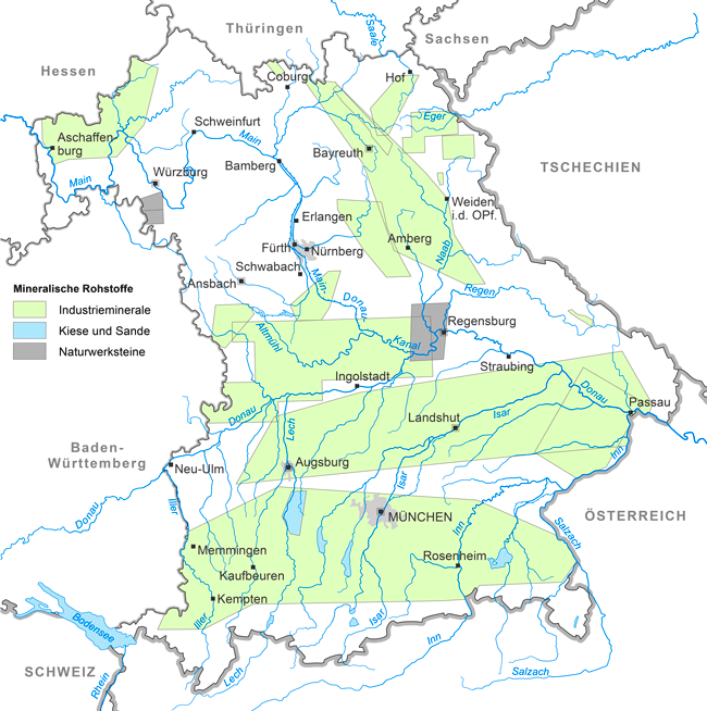 Bayernkarte mit Markierungen der Erkundungsgebiete