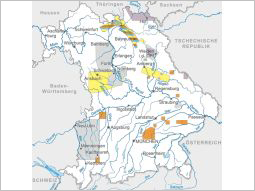 Bayernkarte mit Lage der Rohstoff-Erkundungsgebiete 1983-2005