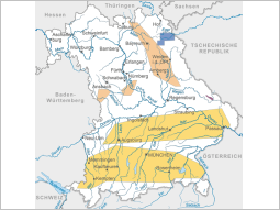 Bayernkarte mit Markierung der Untersuchungsgebiete