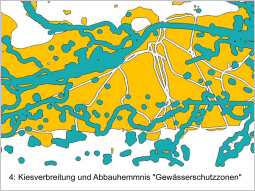 Kiesverbreitung und Abbauhemmnis Gewässerschutzzonen dazwischenliegend