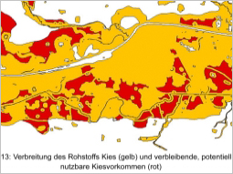 Verschiedene Farbmarkierungen für die Verbreitung des Rohstoffs Kies, sowie für verbleibende, potentiell nutzbare Kiesvorkommen