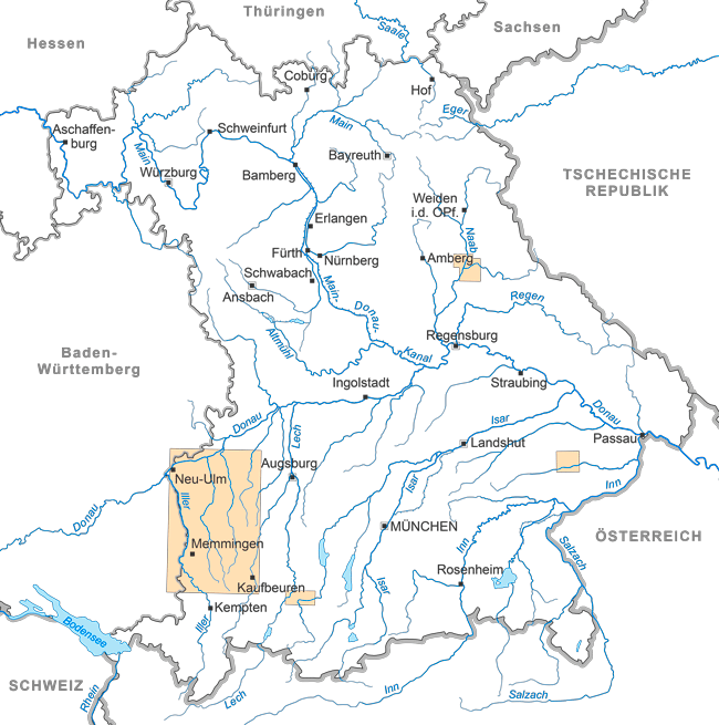 Bayernkarte mit Blattschnitten der Rohstoffgeologischen Sonderkarten