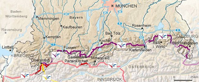Bayernkarte mit Alpenraum. Die Weitwanderwege sind in ihrer Farbe und Verlauf markiert.