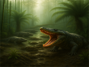 Rekonstruktion von mehreren Cyclotosaurus im ursprünglichen Lebensraum Rekonstruktion von mehreren Cyclotosaurus im ursprünglichen Lebensraum