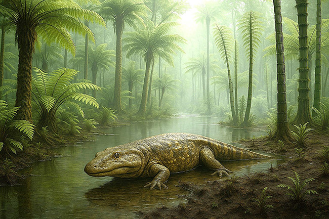Rekonstruktion eines Cyclotosaurus im ursprünglichen Lebensraum Rekonstruktion eines Cyclotosaurus im ursprünglichen Lebensraum