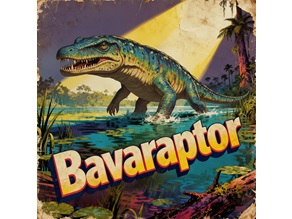 Darstellung des Cyclotosaurus ebrachensis als gefährlicher Räuber Bavaraptor im Stil eines illustrierten 70er-Jahre Filmplakats Darstellung des Cyclotosaurus ebrachensis als gefährlicher Räuber Bavaraptor im Stil eines illustrierten 70er-Jahre Filmplakats