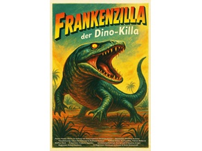Darstellung des Cyclotosaurus ebrachensis als gefährlicher Räuber Frankenzilla im Stil eines illustrierten 70er-Jahre Filmplakats Darstellung des Cyclotosaurus ebrachensis als gefährlicher Räuber Frankenzilla im Stil eines illustrierten 70er-Jahre Filmplakats