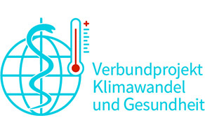 Piktogramm eines Äskulapstabes vor einer Erdkugel mit Thermometer, das am oberen Ende ansteht.