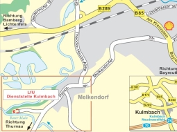 Lageplan von Kulmbach und Umgebung mit Wegbeschreibung zur Dienststelle Kulmbach (Schloss Steinenhausen).