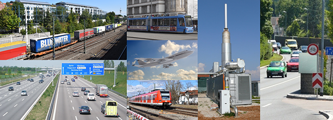 Collage der verschiedenen Quellen für Umgebungslärm Straßen-, Schienen- und Flugverkehr und gewerbliche Anlagen.