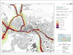 Dargestellt sind die Isophonenbänder für den Lärmindex LDEN von Hauptverkehrsstraßen (DTV mit mehr als 8.200 Kfz/Tag) in farblich differenzierten 5dB-Pegelklassen entsprechend EG-Umgebungslärmrichtlinie.