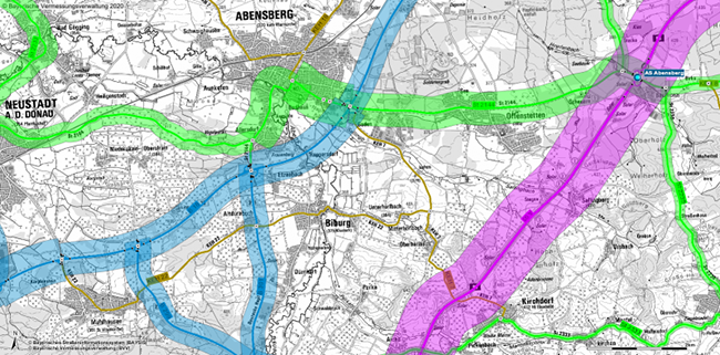 Kartenausschnitt mit unterschiedlich gefärbten und breiten Begleitstreifen entlang von Verkehrsstraßen.