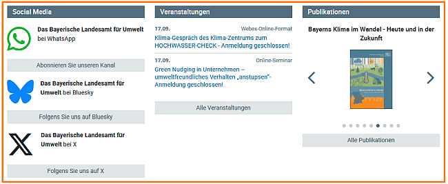 Die Bereiche Social Media (X und Bluesky), Veranstaltungen, Publikationen.