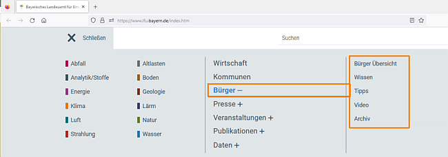 Bei Bürger ist nach dem Klicken ein Minus-Zeichen zu sehen. Ganz rechts sind mehr Seiten.