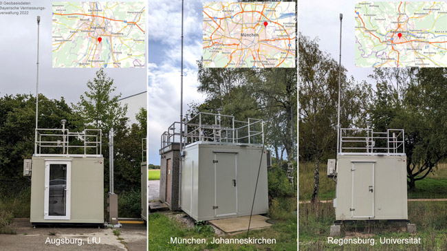 Frontansichten der UFP-Messstationen links Augsburg am LfU, Mitte München Johanneskirchen und rechts Regensburg auf dem Universitätsgelände. Übersichtskarten der drei Städte mit markierten Messstandorten im oberen Bilddteil.