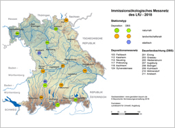 Bayernkarte mit den Standorten der Dauerbeobachtung und Depositionsmessnetz des LfU