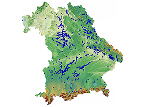 Die Graphik zeigt eine Bayernkarte mit Fundorten in Form von Punkten, an denen die Grüne Keiljungfer bisher nachgewiesen wurde. Gut erkennbar sind die bayerischen Verbreitungsschwerpunkte der Art: das Mittelfränkische Becken, das Naab-Regen-Einzugsgebiet, das südwestliche Vorland des Bayerischen Waldes sowie die Flüsse Amper und Paar.