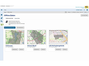 Screenshot einer Ansicht mit mehreren Kacheln, die Kartenbereiche zeigen, die Offline verfügbar sind