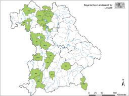 Bayernkarte mit Markierung der in der Bildunterschrift genannten Landkreise