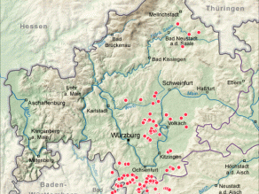 Kartenausschnitt Mainfranken mit Markierung der Brutstandorte 2011